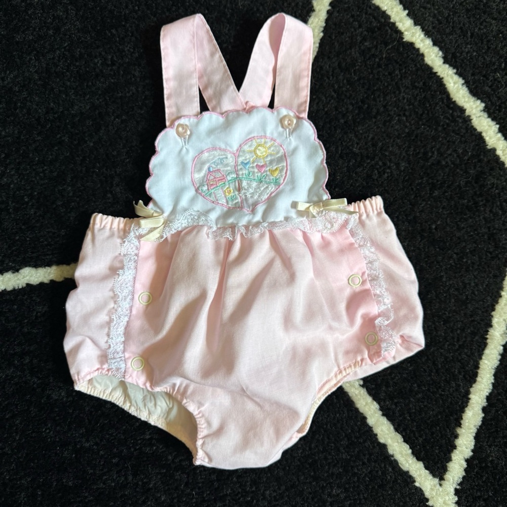 Vintage Pink Embroidered Heart Baby Romper